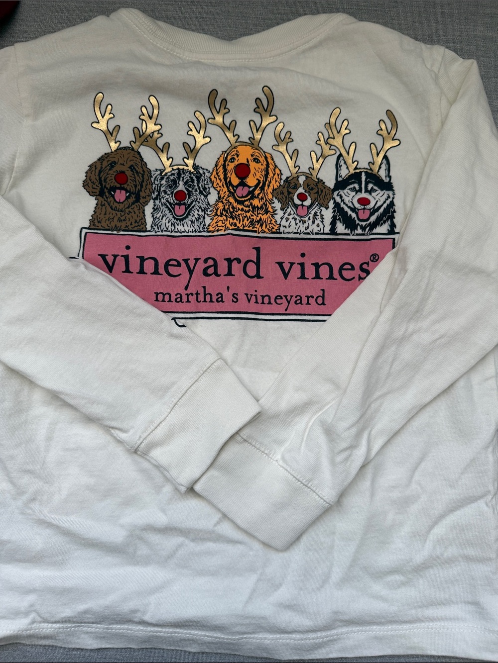 Vineyard Vines White Long Sleeve Tee with Holiday Dogs and Pink Logo